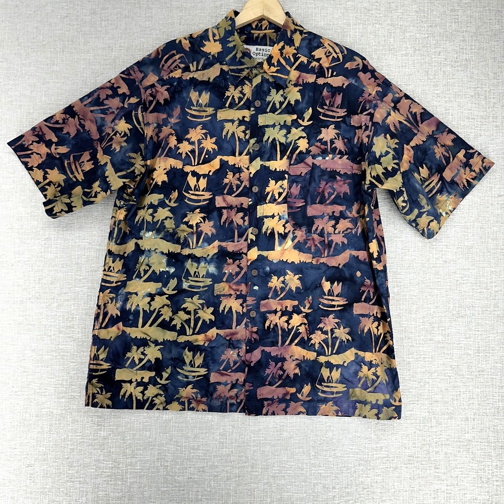 Basic Options Shirt Mens Large Blue‎ Hawaiian Tropical Short Sleeve Button Up